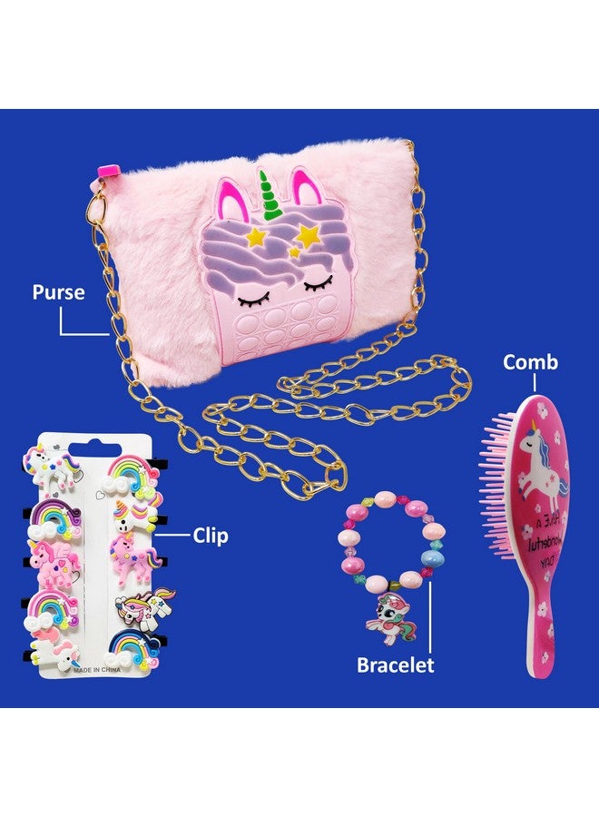 Parteet Combo (Pack Of 4 Items) For Birthday Return Gifts For Kids1 Unicorn Printed Pop It Fer Purse, 1 Unicorn Comb, 1 Unicorn Bracelet And 10Pc Unicorn Clip For Girl Kids  - Image 3