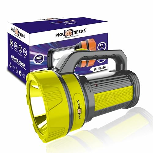 Pick Ur Needs 50W Rechargeable Long Range Search Torch Light with 2 Side Emergency Kissan Light (Yellow) - Image 1