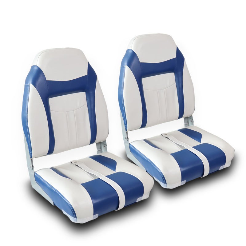 Vancus Boat Seats 2 Pack, High Back Folding Bass Boat Seat for Fishing Jon Pontoon with Stainless Steel Screws, White&Blue - Image 1