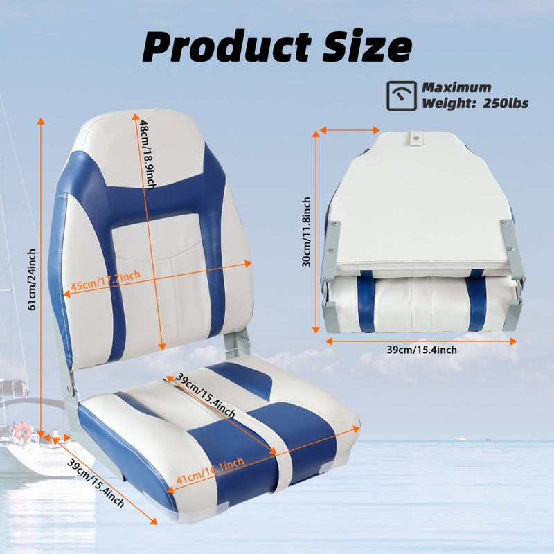 Vancus Boat Seats 2 Pack, High Back Folding Bass Boat Seat for Fishing Jon Pontoon with Stainless Steel Screws, White&Blue - Image 5