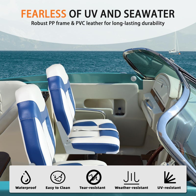 Vancus Boat Seats 2 Pack, High Back Folding Bass Boat Seat for Fishing Jon Pontoon with Stainless Steel Screws, White&Blue - Image 2