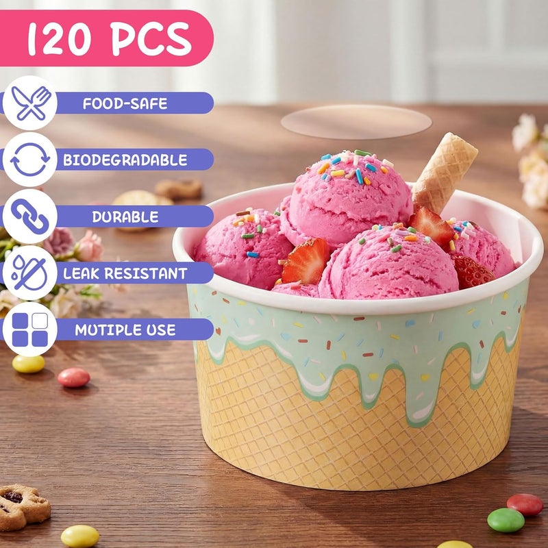 Jingmore جينغمور 120 قطعة أكواب آيس كريم ورقية بأغطية سعة 8 أونصات، أوعية آيس كريم ورقية قابلة للاستخدام مرة واحدة، أكواب حلويات ورقية، 5 ألوان، حاوية وجبات خفيفة وكيك للأطعمة الساخنة أو الباردة، حساء، زبادي، لوازم حفلات عيد الميلاد والصيف - Image 3