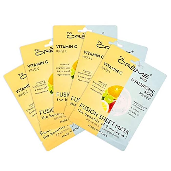 The Crème Shop - Vitamin C & Hyaluronic Acid Fusion Full Face Masks, Korean Facial Skin Care and Moisturizer - Hydrating, blackhead remover, scar cream Natural Beauty Essence - 5 Sheets Set - Image 1