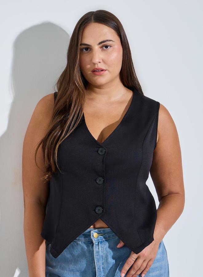 Take Two Plus Size Black Sleeveless V-Neck Vest Top - Image 1