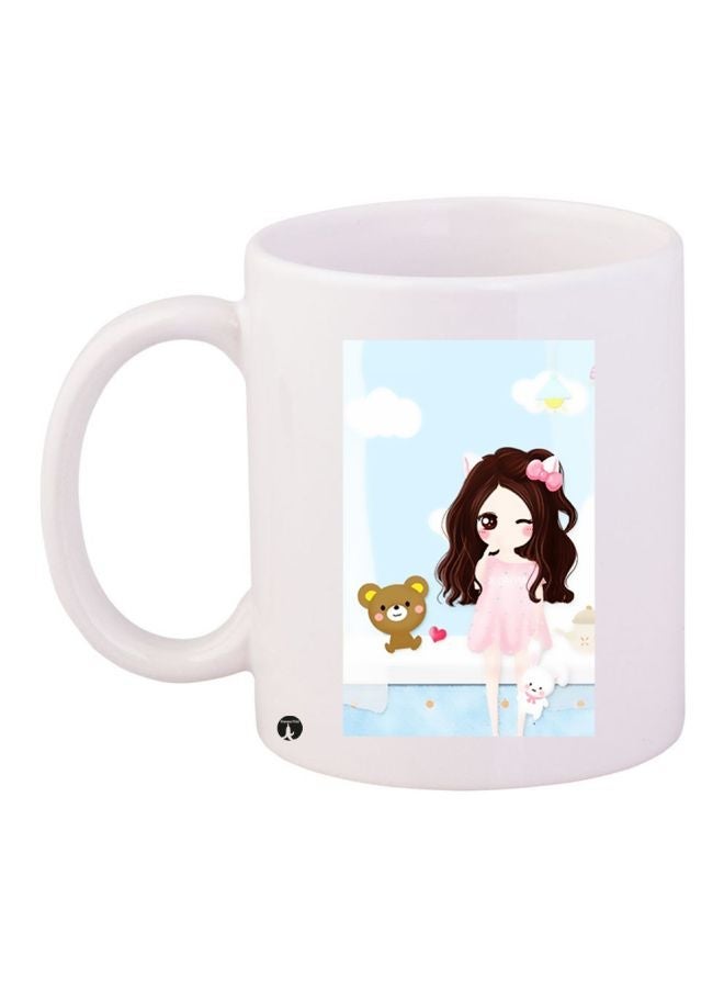 Anime Girl Printed Ceramic Coffee Mug White/Pink/Blue 11ounce