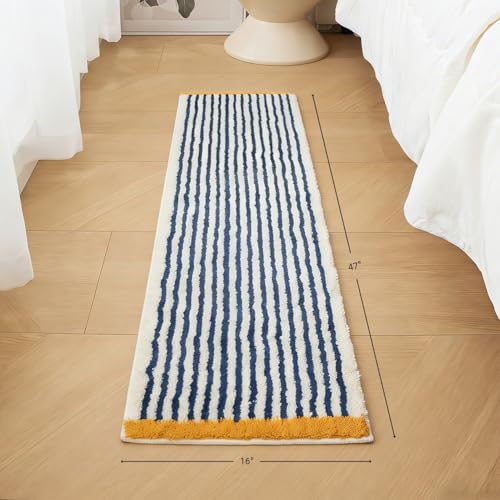 GIB cleaningtool GIB Bathroom Runner Rug Mat 47" x 16", Extra Soft Absorbent Plush Fluffy Bath Rugs, Non-Slip Washable Bath Mats for Bathroom Floor Shower Bedroom Decor, Blue & White Striped with Yellow Accents - Image 2