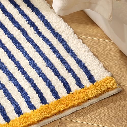 GIB cleaningtool GIB Bathroom Runner Rug Mat 47" x 16", Extra Soft Absorbent Plush Fluffy Bath Rugs, Non-Slip Washable Bath Mats for Bathroom Floor Shower Bedroom Decor, Blue & White Striped with Yellow Accents - Image 5