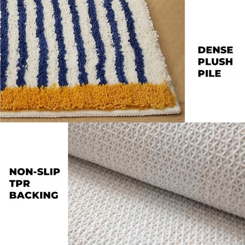 GIB cleaningtool GIB Bathroom Runner Rug Mat 47" x 16", Extra Soft Absorbent Plush Fluffy Bath Rugs, Non-Slip Washable Bath Mats for Bathroom Floor Shower Bedroom Decor, Blue & White Striped with Yellow Accents - Image 3
