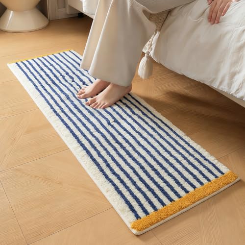 GIB cleaningtool GIB Bathroom Runner Rug Mat 47" x 16", Extra Soft Absorbent Plush Fluffy Bath Rugs, Non-Slip Washable Bath Mats for Bathroom Floor Shower Bedroom Decor, Blue & White Striped with Yellow Accents - Image 1