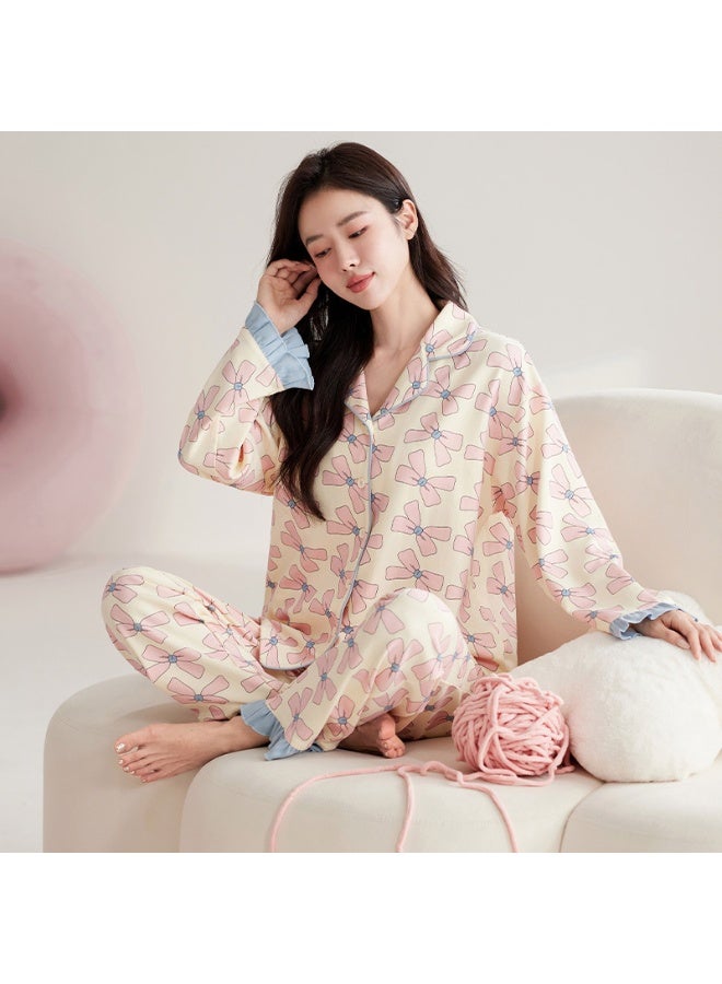 Autumn Spring  Women Pajamas Set Turn-down Collor Faux Cotton Long Sleeves Sleepwear Leisure Pijama Lady Chic Homesuits - Image 1