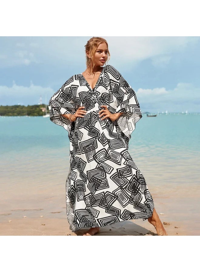 European And American Seaside Holiday Robe Beach Dress Loose Large Size Long Dress Bikini Swimsuit Blouse Sunscreen Shirt For Women-Color:ZS1770-24 Rayon-  - Image 3