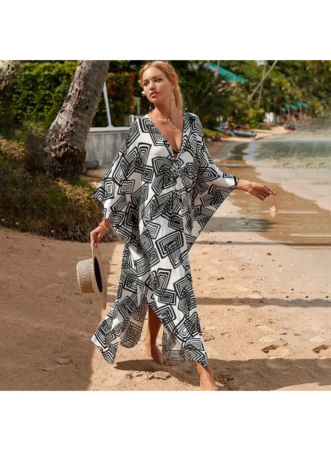 European And American Seaside Holiday Robe Beach Dress Loose Large Size Long Dress Bikini Swimsuit Blouse Sunscreen Shirt For Women-Color:ZS1770-24 Rayon-  - Image 4