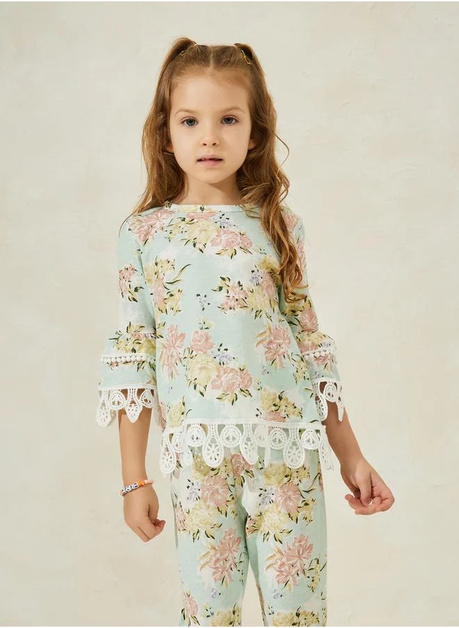 Styli Floral Print 3/4 Sleeve Top & Pants Set