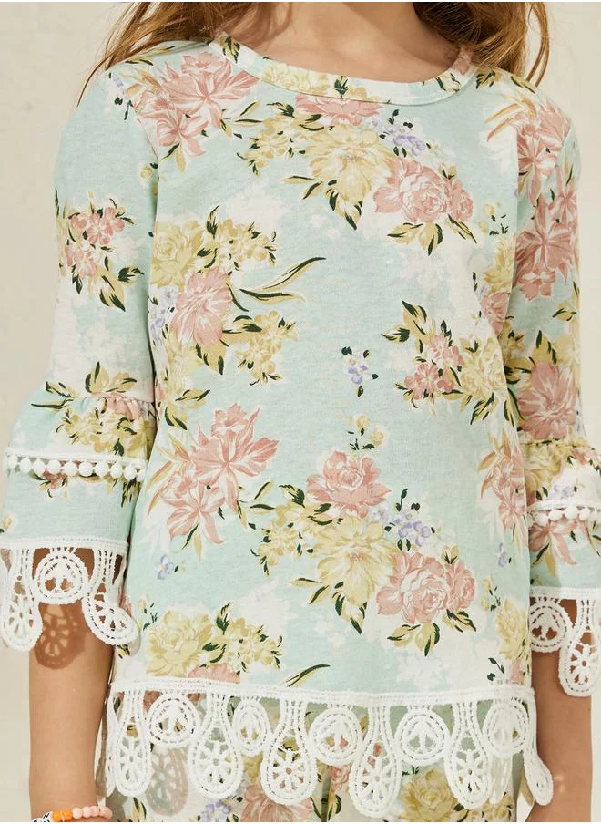 Styli Floral Print 3/4 Sleeve Top & Pants Set