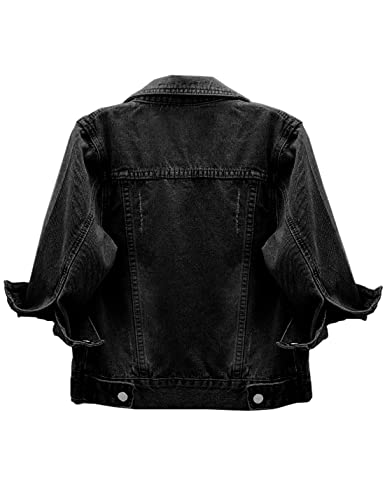 Locachy Womens 3/4 Sleeve Short Denim Jacket Lapel Button Down Cropped Trucker Jean Jackets Coats Black L - Image 2