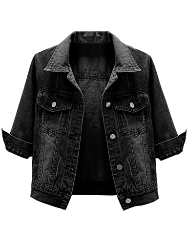 Locachy Womens 3/4 Sleeve Short Denim Jacket Lapel Button Down Cropped Trucker Jean Jackets Coats Black L - Image 1