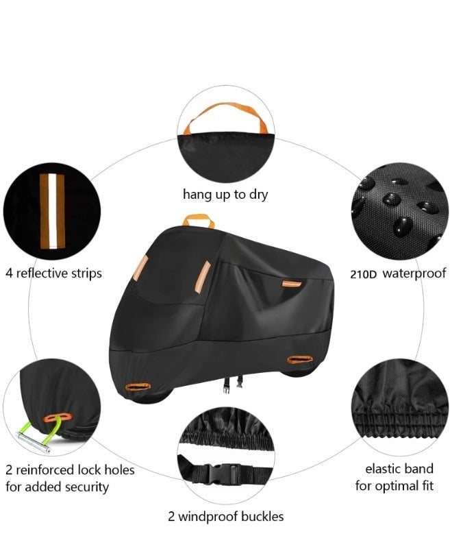 Motorcycle Cover, All Season Durable Waterproof Outdoor Protection Scooter Cover,Reflective Tape Lock-Holes Motorcycle Cover(Black) - Image 3