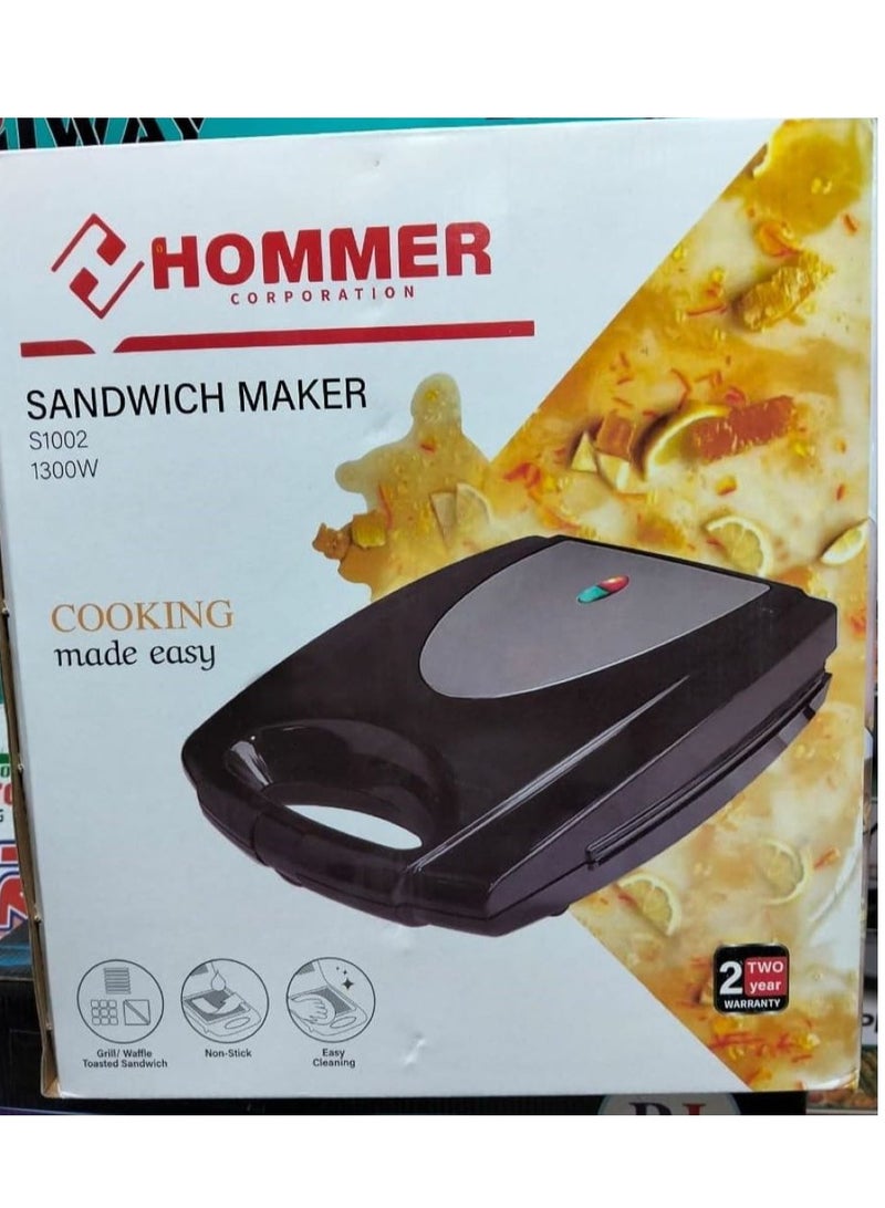 Hammer 3-in-1 sandwich and waffle maker and grill, large size, 1300 watt capacity, non-stick coated plates, multi-use, fast heating, easy to clean, LED indicator, cool-touch exterior, easy-open handle - s1002