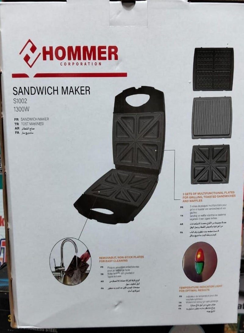 Hammer 3-in-1 sandwich and waffle maker and grill, large size, 1300 watt capacity, non-stick coated plates, multi-use, fast heating, easy to clean, LED indicator, cool-touch exterior, easy-open handle - s1002