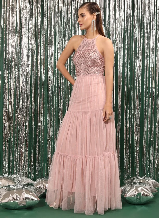 STREET 9 Embellished Halter Neck Flounce A-Line Maxi Dress for Women