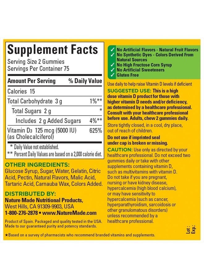 Nature Made Extra Strength Vitamin D3 5000 IU (125 mcg) per serving, Dietary Supplement for Bone, Teeth, Muscle and Immune Health Support, 150 Gummies, 75 Day Supply  - Image 5
