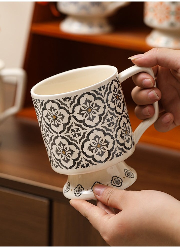 Dominy High-foot ceramic coffee cup, 420ml large practical family coffee cup, tea cup with handle, blue and white porcelain coffee cup, milk cup, beer cup, microwave and dishwasher safe, exquisite ceramic coffee cup, suitable for home or office use  - Image 1