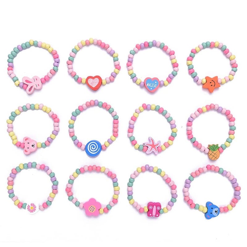 Bukela 12 Pcs Girls Bracelets Jewelry, Cute Heart Beaded, Cute Wooden Beaded Bracelets Heart Pendants Play Jewelry Gifts - Image 1