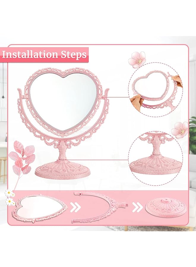 erorex Makeup Mirror Lovely Heart Shaped Cosmetic Mirror With 360 Degree Rotation Tabletop Vanity Mirror Double Sided Makeup Mirror High Definition Mirrors For Bedroom Living Room Pink - Image 3