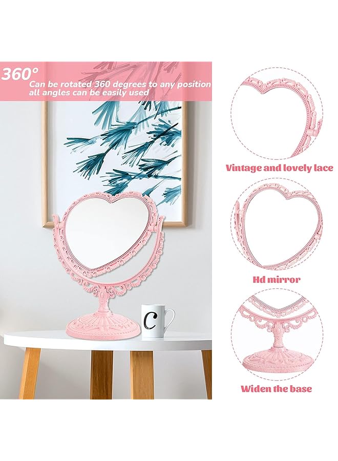 erorex Makeup Mirror Lovely Heart Shaped Cosmetic Mirror With 360 Degree Rotation Tabletop Vanity Mirror Double Sided Makeup Mirror High Definition Mirrors For Bedroom Living Room Pink - Image 2