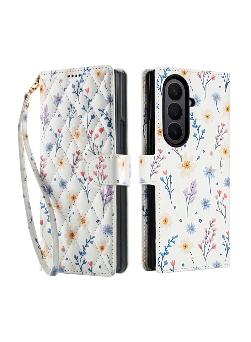 general Protective Case for Galaxy Z Fold 7 Floral Quilted PU Leather Wallet Flip Cover Magnetic Shockproof Case with Card Slot Stand