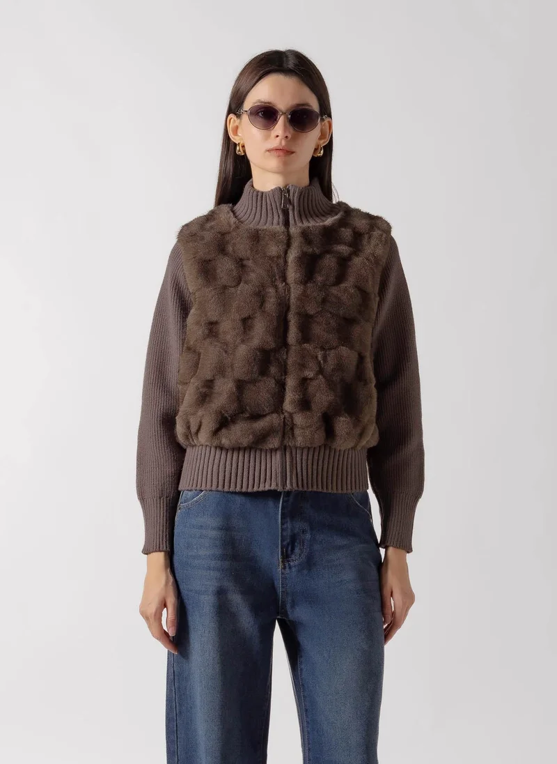 FAUX FUR PANEL ZIP JACKET