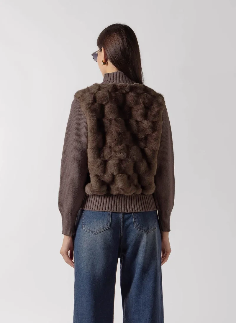 Shapes BROWN FAUX FUR PANEL ZIP JACKET for Women | Best Price UAE