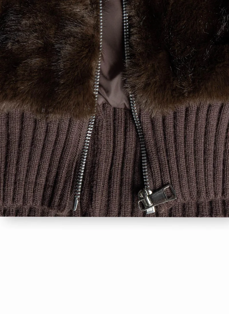 Shapes BROWN FAUX FUR PANEL ZIP JACKET for Women | Best Price UAE