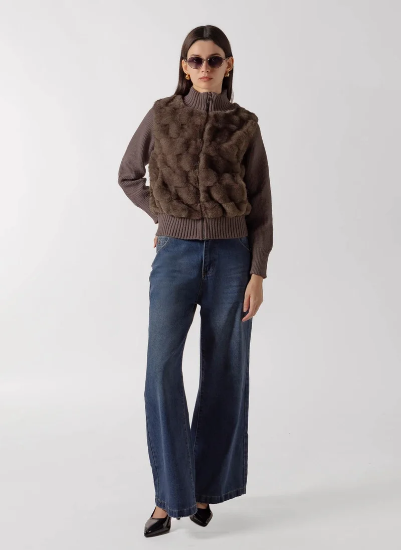 Shapes BROWN FAUX FUR PANEL ZIP JACKET for Women | Best Price UAE