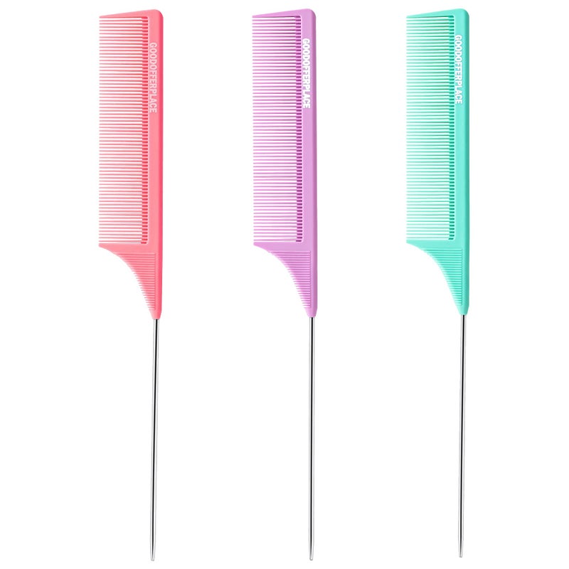 Goodofferplace 3 PCS Rat Tail Combs Parting Rattail Teasing Fine Tooth Comb with Metal Pick for Curly HairDetangling Parting Combs for Womenfor BraidingStyling HairPink Purple Green