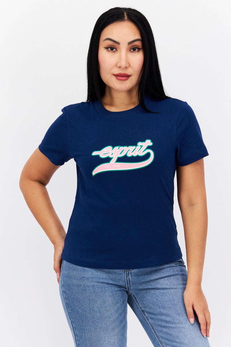 ESPRIT Women Crew Neck Short Sleeves Graphic Print T-Shirt, Blue - Image 1