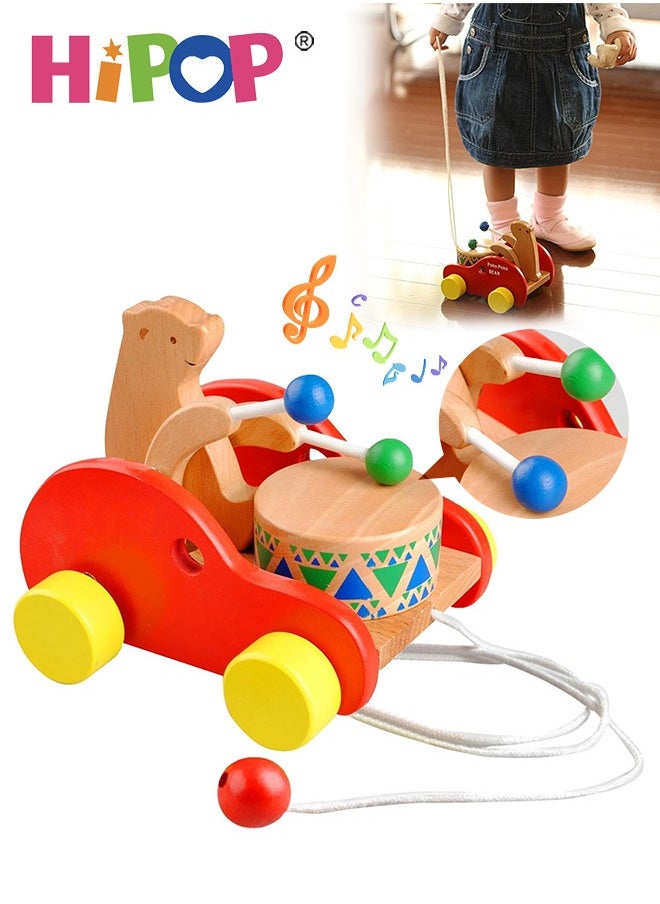 HIPOP Wooden Toddler Pull Toy, Bear Drum Tapping Children's Toy, Walk-A-Long Bear Pull Toy, Baby Dragging and Learning to Walk, Pull Along Walking Toys, Bright Colors, 95cm Long Rope  - Image 1