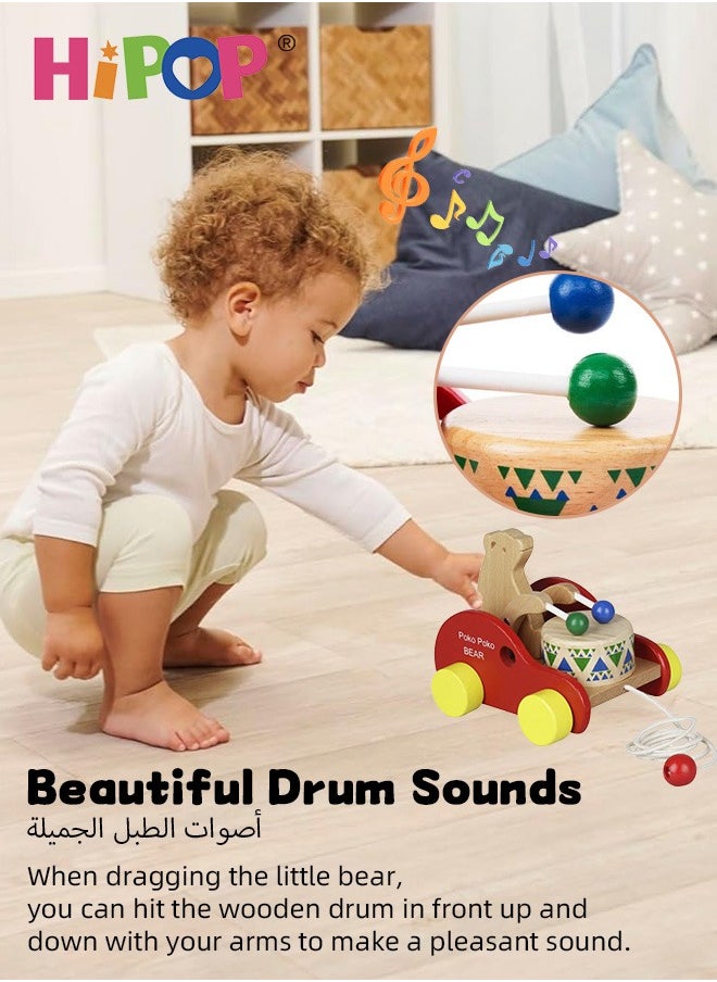 HIPOP Wooden Toddler Pull Toy, Bear Drum Tapping Children's Toy, Walk-A-Long Bear Pull Toy, Baby Dragging and Learning to Walk, Pull Along Walking Toys, Bright Colors, 95cm Long Rope  - Image 4