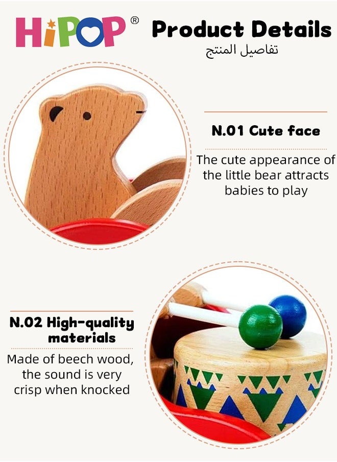 HIPOP Wooden Toddler Pull Toy, Bear Drum Tapping Children's Toy, Walk-A-Long Bear Pull Toy, Baby Dragging and Learning to Walk, Pull Along Walking Toys, Bright Colors, 95cm Long Rope  - Image 2