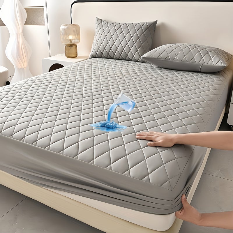 1pc Waterproof Mattress Protector Cover, Soft & Comfortable & Machine Washable, Excludes Pillow Core & Pillowcase, Solid Color Straight Pattern, Soundwave Technology Embossed Craft, Suitable for Bedroom, Hotel, Dormitory & More! All-Season Use, 8 - Image 1