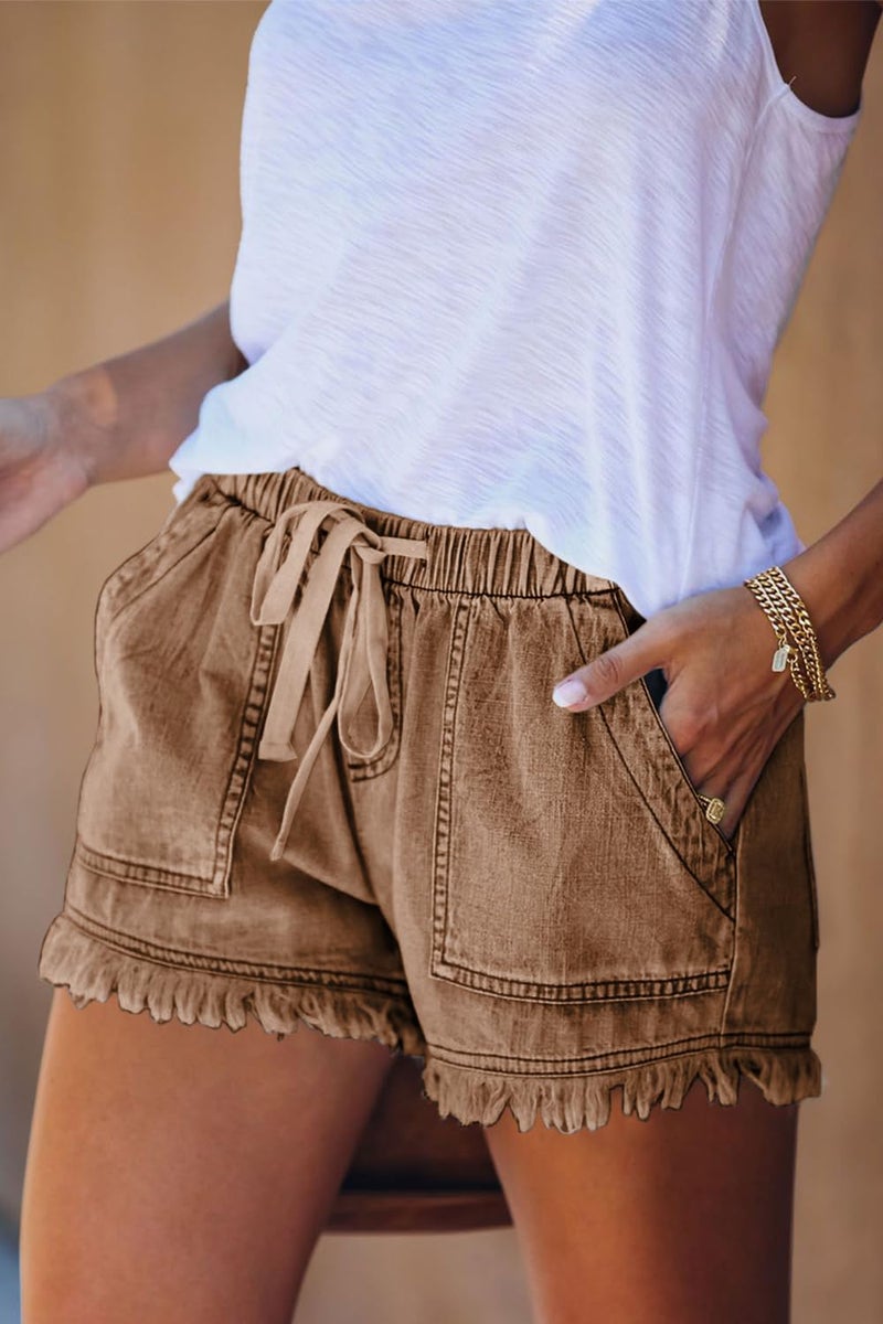 YOCUR Drawstring Jean Shorts for Women Casual Baggy Trendy Jeans for Womens High Waisted Tassel Denim Shorts Pockets Drawstring Hot Pants Red Brown XS - Image 3