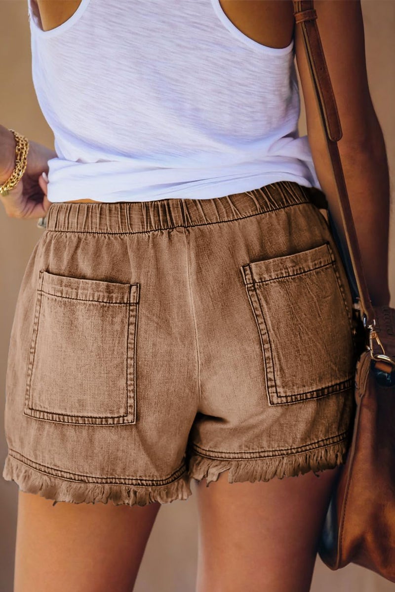 YOCUR Drawstring Jean Shorts for Women Casual Baggy Trendy Jeans for Womens High Waisted Tassel Denim Shorts Pockets Drawstring Hot Pants Red Brown XS - Image 2