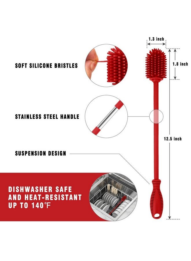 فرشاة تنظيف زجاجات السيليكون بمقبض طويل، خالية من مادة BPA، لتنظيف زجاجات المياه مقاس 12.5 بوصة، مناسبة لزجاجات الأطفال، وزجاجات المياه الرياضية، والمزهريات، والأواني الزجاجية، مثالية لفتحات الزجاجات ذات القطر الأصغر (أحمر) - Image 3
