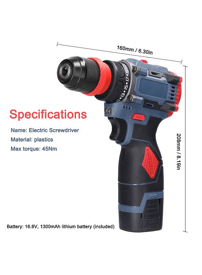 16.8V 2in1 Lithium Drill Electric Screwdriver Multi-function Power Tool 45Nm Torque Brushless Motor Practical Screw Driver for Home Appliances Furniture Installation Automotive Electronics Repairing  - Image 3