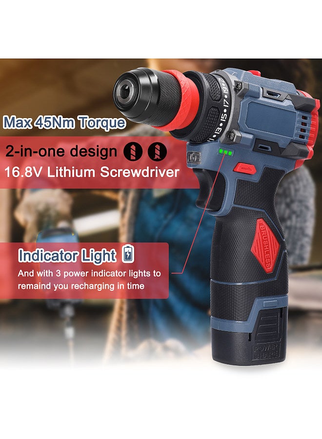16.8V 2in1 Lithium Drill Electric Screwdriver Multi-function Power Tool 45Nm Torque Brushless Motor Practical Screw Driver for Home Appliances Furniture Installation Automotive Electronics Repairing  - Image 5
