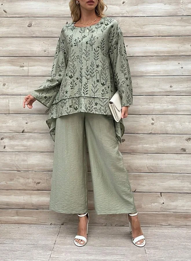 Take Two Take Two Floral Print Asymmetric Hem Top and Pants Co-Ords