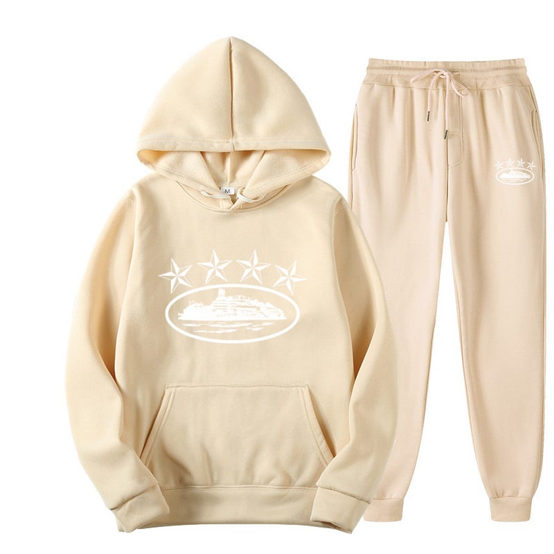 Cross-border Foreign Trade Corteiz Trendy Street Loose suit Womens Hip-hop Skateboard Five-pointed Star Magic Island Fashion Sweatshirt khaki white word 