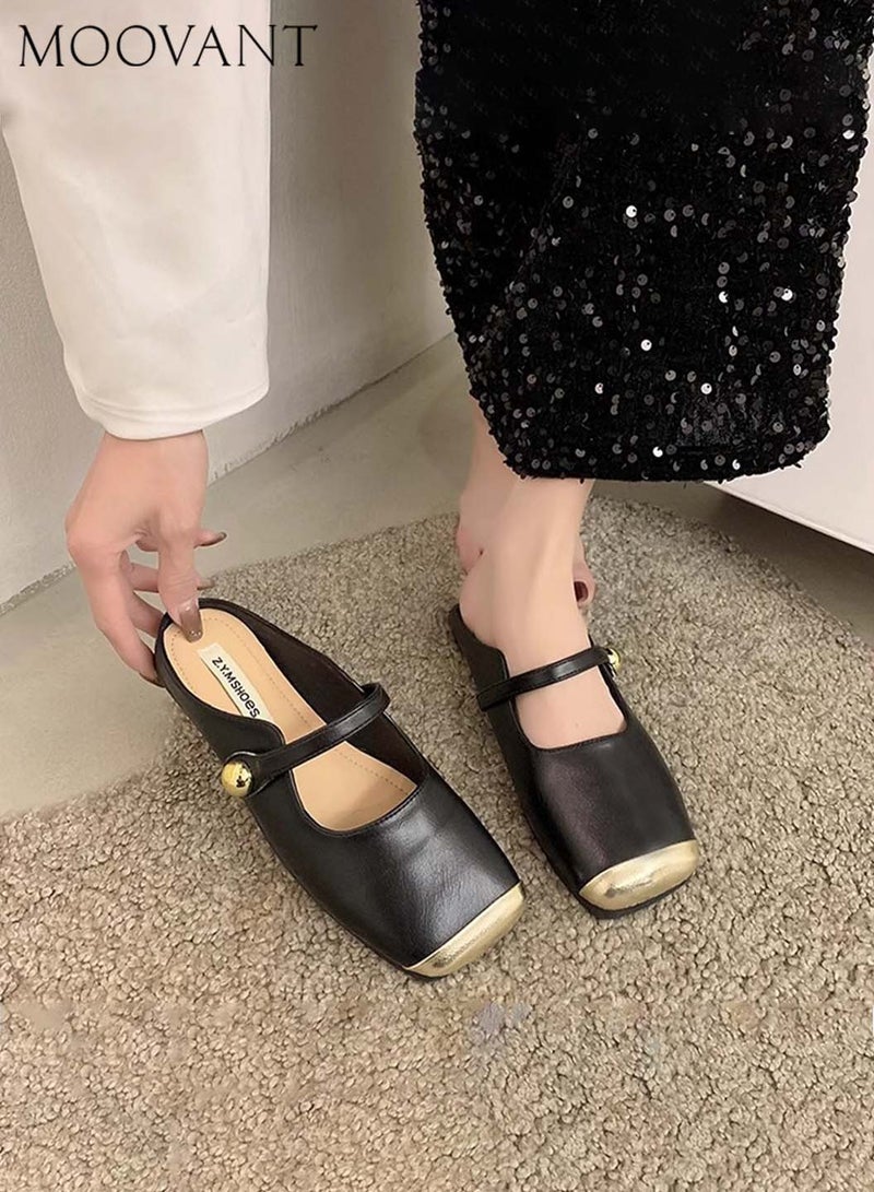 Moovant Mules for Women Flats Square Toe Slip-on Flat Slides Comfortable Suede Women Slippers Patchwork Backless Loafer Shoes Ladies Flat Sandals  - Image 2