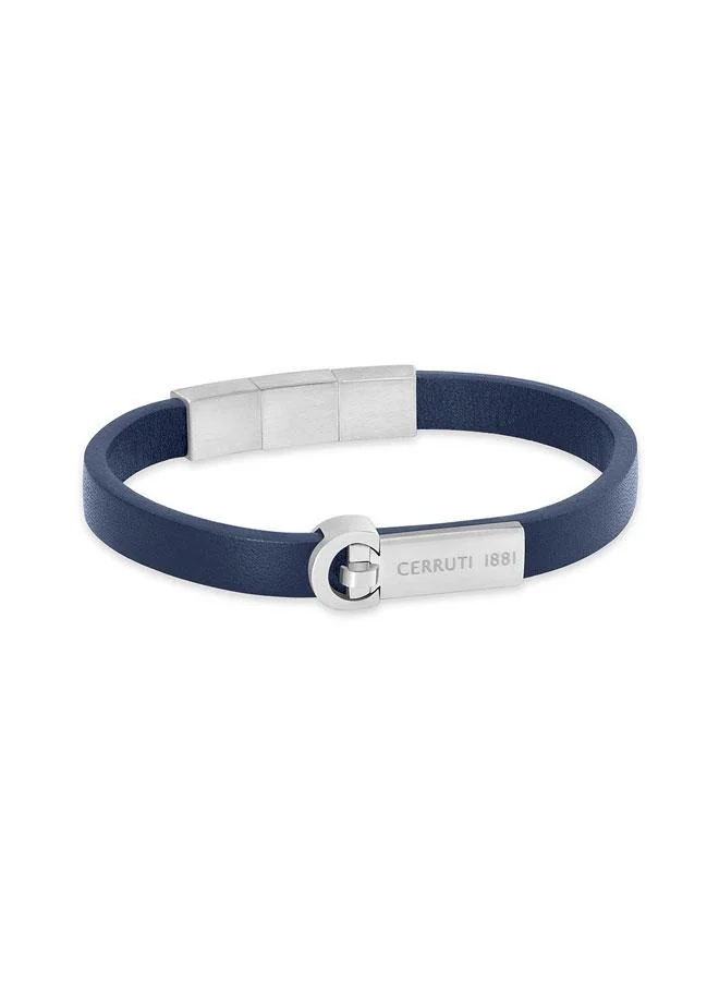 شيروتي 1881 Oscar Silver Plated Stainless Steel Blue Braided Leather Bracelet for Men 180mm