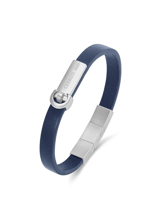 شيروتي 1881 Oscar Silver Plated Stainless Steel Blue Braided Leather Bracelet for Men 180mm